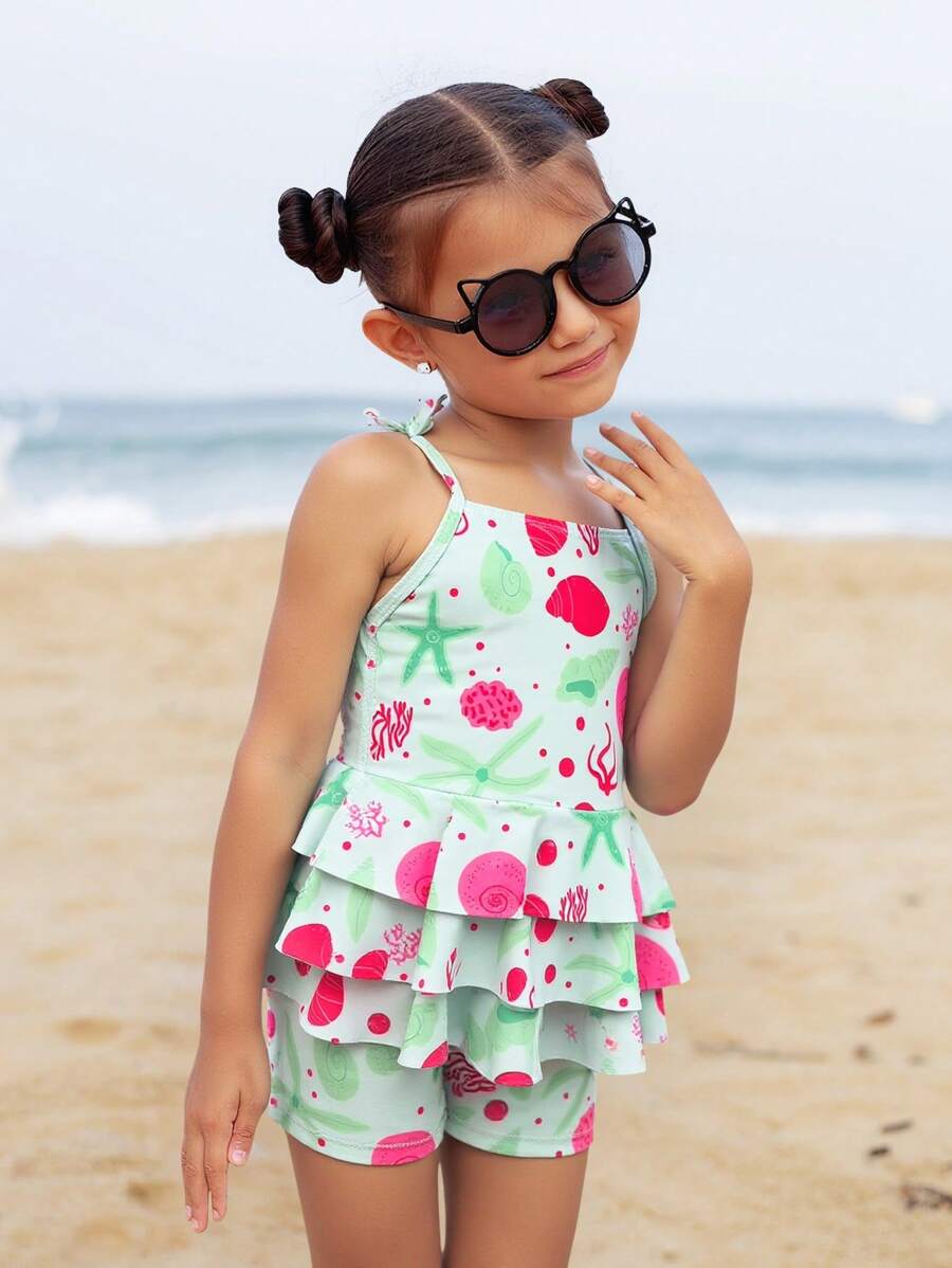 SHEIN Young Girl's Starfish Print Ruffled Hem Tankini Swimwear Set Girls Clothes For Beach - Multicolor - View 1
