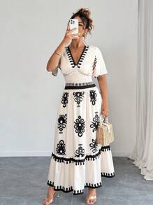 Elenzga 大码休闲度假深褶抽绳腰短袖印花长裙 - 杏色 - 查看 3