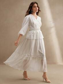 Anewsta 现代都市V领和圆领长袖收腰A字连衣裙 - 白色 - 查看 5