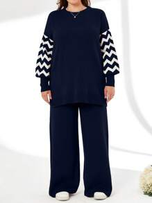 SHEIN Cottnline Striped Color Block Sweater And Pants Two Pieces Set - Navy Blue - View 4
