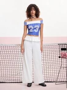 SHEIN MOD White Pleated Ruffle Trim Adorable Straight Leg Pants - White - View 6