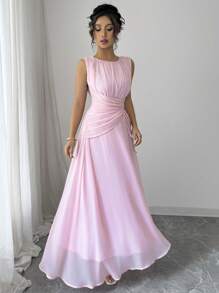 Vestido maxi de gasa elegante y casual para mujer, estilo vintage romántico, adecuado para la playa, elé de la tarde, fiestas, bodas, ir al trabajo, sin mangas, cintura con cordón, espalda plisada, forrado, primavera/verano - Rosa - Ver 3
