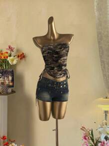 Attitoon Vintage Casual Style Olive Green Camo Allover Print Women's Ruched Tie Front Bandeau Top, Retro Vibe, Vacation Style, Sexy, Cute, Y2K Coconutgirl Boho, Music Festival, Suitable For Summer Girls Trip Back To School