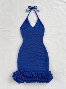 Soleia Vacation Halter Neck Backless Ruffle Trim Knitted Dress