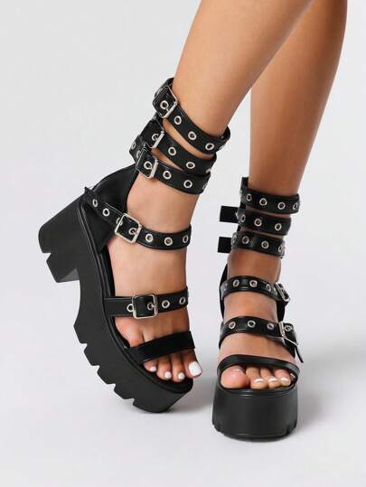Grunge Punk Women's Goth Rock Punk Roman Sandals, Open Toe Leather Strap Platform Thick High Heel Summer Beach Dress Shoes, Halloween