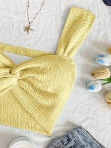 Soleia 女士蓝色针织金属线扭纹前部甜心领露背短款度假上衣 - 芥末黃 - 查看 6