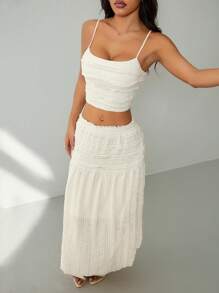 SHEIN PETITE 女士两件套服装优雅荷叶边吊带背心和半身裙两件套，女士度假服装，女士夏季服装，女士西部装，乡村装，度假两件套日常穿着 - 卡其色 - 查看 1