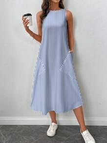 SHEIN LUNE Vestido de media longitud estampado con rayas azules y blancas, casual, adecuado para primavera y verano - Multicolor - Ver 5