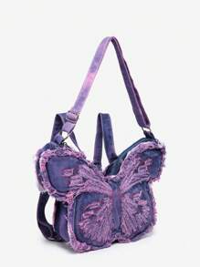 ROMWE Fairycore 女士 Y2K 复古做旧蝴蝶水洗牛仔布大容量托特包单肩斜挎包背包