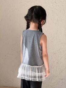SHEIN Young Girl Casual Bowknot Ruffle Hem Sleeveless Round Neck Tank Top, Suitable For Summer - Grey - View 2