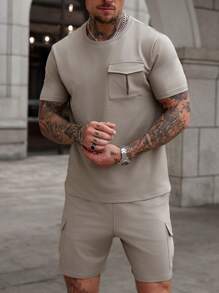 Manfinity CasualCool 2pcs/Set Men Solid Color Short Sleeve T-Shirt And Shorts Set Workwear Pocket Men's T-Shirt Two-Piece Set, Street Style,Outfits Outdoor. Outfits Husband And Boyfriend Gifts For Friends Men Two Pieces Sets Men Two Pieces Casual,Streetwear, Travel, Daily Wear Outfits Husband And Boyfriend Gifts For Friends - Khaki - View 1