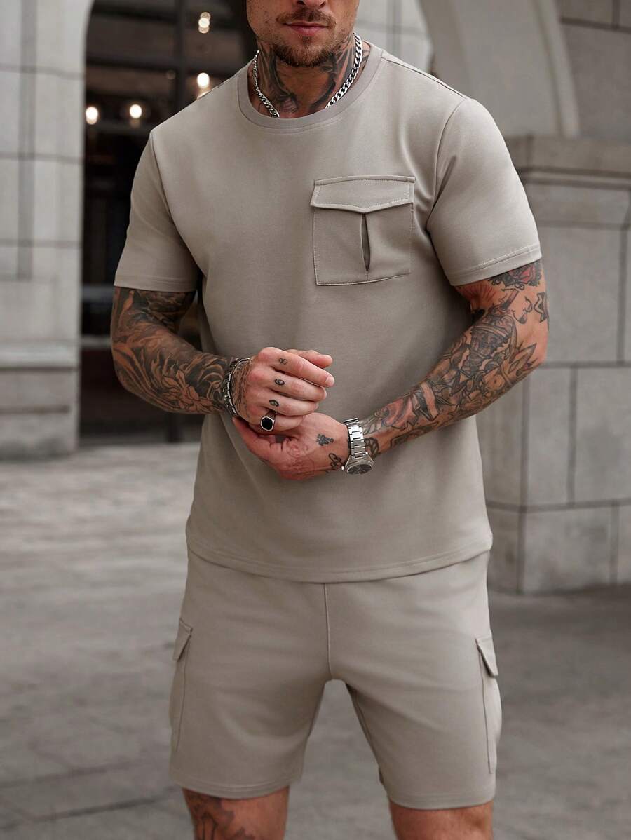 Manfinity CasualCool 2pcs/Set Men Solid Color Short Sleeve T-Shirt And Shorts Set Workwear Pocket Men's T-Shirt Two-Piece Set, Street Style,Outfits Outdoor. Outfits Husband And Boyfriend Gifts For Friends Men Two Pieces Sets Men Two Pieces Casual,Streetwear, Travel, Daily Wear Outfits Husband And Boyfriend Gifts For Friends - Khaki - View 1