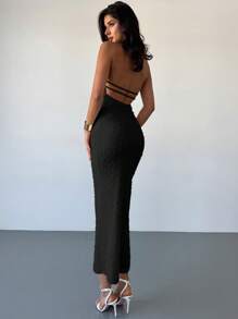 Firerie 女式简约优雅精致浪漫婚礼派对节日休闲垂坠领露背纹理长裙，杏色，春夏 - 黑色 - 查看 4