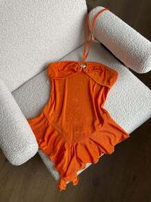 Comfortcana 女士橙色和黄色针织垂坠金属贝壳扣不对称下摆荷叶边波西米亚假日休闲风格 - 橘色 - 查看 4