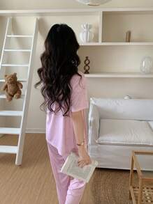 3件套青少年女童柔软针织蝴蝶结印花短袖开衫、裤子和吊带背心睡衣套装蝴蝶结夏装毕业礼物芭蕾舞裙女童连衣裙 - 粉色 - 查看 2