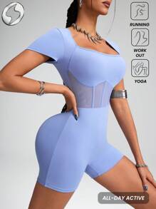 Innovista Women's Light Blue Summer Athleisure Gym Workout One-Piece Romper,Short Sleeve Backless Criss-Cross -Lifting Sport Suit,Breathable Activewear - Mauve Purple - View 3