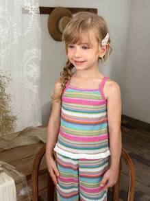 SHEIN Conjunto informal de top de tirantes de colores y pantalones largos a juego para niña, estilo animado y lindo, adecuado para juegos al aire libre, uso cómodo en casa, ejercicio relajado