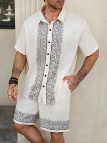 Manfinity Homme Plus Size Men's Short Sleeve Shirt And Shorts Set, Fashionable For Summer It Is Great For Couples And Makes An Excellent Gift Idea For Boyfriends Or Husbands.