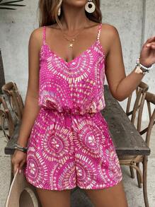 SHEIN VCAY Plus Size Summer Vacation All-Over Print Cinched Waist Jumpsuit - Multicolor - View 1