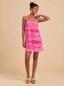 Travachic 春夏假期，女士无袖印花梭织迷你连衣裙，波西米亚风沙滩装，女士春夏时尚假期热带多丑鱼印花休闲舒适早午餐服装，海洋印花，夏季太阳裙，母亲节，母女裙，复古沙丁鱼印花，波西米亚风格服装