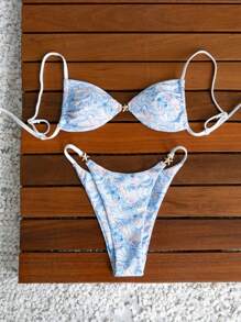 Swim Mod Mod Women Summer Holiday Ocean Print Beach Shell Element Accessories Spaghetti Strap Bikini Set - Multicolor - View 4