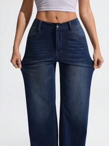 SHEIN Essnce Quần Jeans Denim Dáng Rộng, Rộng, Thường Ngày, Đa Năng Cho Nữ - Rửa trung bình - Xem 5