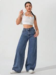 SHEIN ICON Plus Size Women's Simple Vintage Street Style Mid-Blue Washed Straight Leg Jeans - Medium Wash - View 5