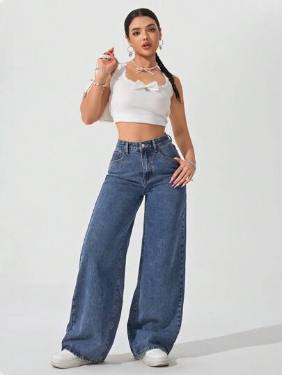 SHEIN ICON Plus Size Women's Simple Vintage Street Style Mid-Blue Washed Straight Leg Jeans