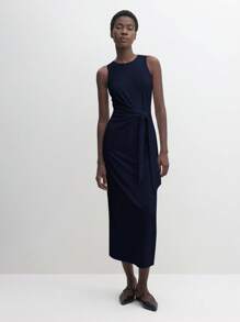 BizChic 2025年夏季新款海军蓝圆领无袖系带收腰宽松连衣裙，商务休闲日常穿着，适合婚礼、海滩度假、音乐节、早午餐、机场穿搭，90年代复古斯德哥尔摩风格，美国独立日