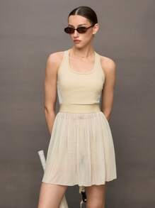 Activina Women Solid Color Mesh Patchwork Sleeveless Activewear Dress, Suitable For Tennis, Ping Pong - Khaki - View 5