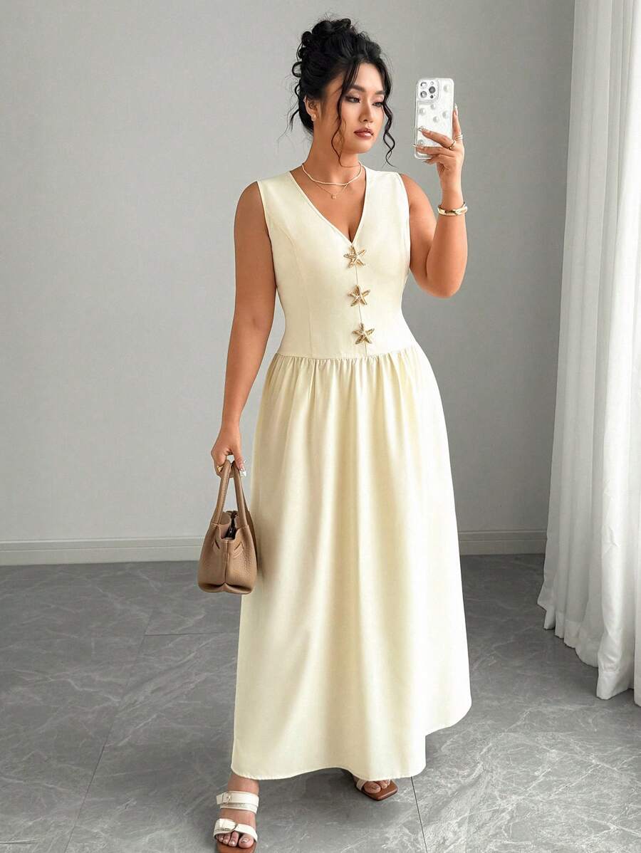 Elenzga 大码女式编织纯色 V 领无袖海星胸针装饰束腰长裙，优雅精致 - 杏色 - 查看 1
