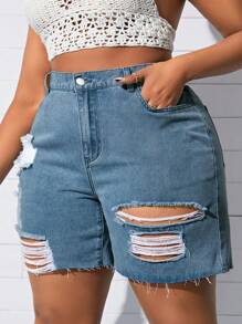 SHEIN CURVE+ Plus Size Distressed Denim Shorts, Simple & Fashionable, Suitable For Summer Ripped Shorts - Blue - View 4