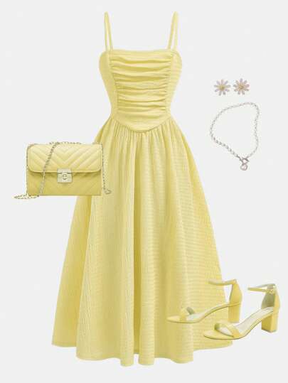 Girlism Tween Girl Solid Color Ruffle Trim Fitted Waist Elegant Yellow Cami Dress, Suitable For Spring/Summer, Music Festivals And Outings