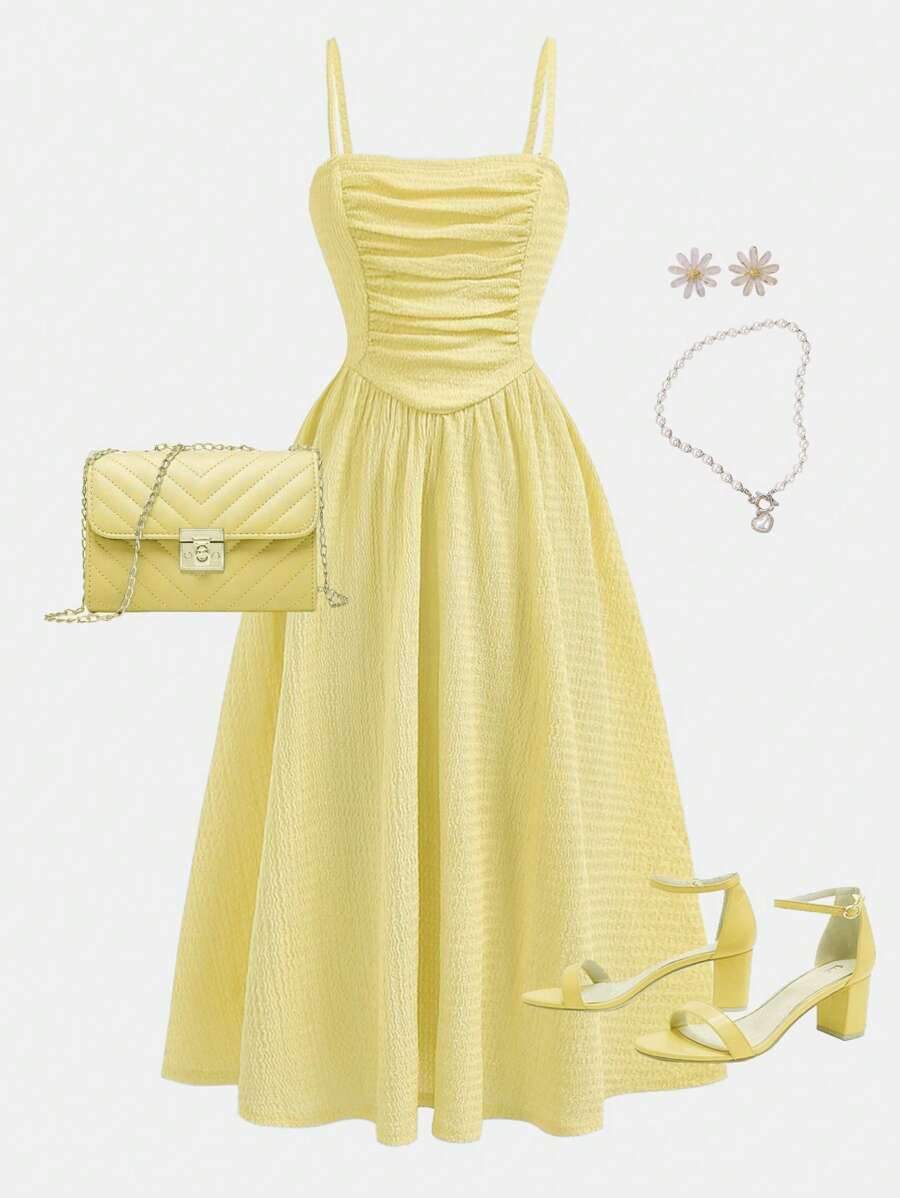 Girlism Tween Girl Solid Color Ruffle Trim Fitted Waist Elegant Yellow Cami Dress, Suitable For Spring/Summer, Music Festivals And Outings - Mustard Yellow - View 1