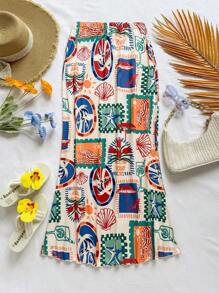 Soleia Women's Resort Beach Casual Coconut Tree, Orange, Lemon Fruit Colorful Print Skirt - Multicolor - View 5