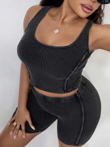 Dripcurv Plus-Size Black Ribbed Crew Neck Sleeveless Top And Shorts Two Pieces Set, Summer Sporty Style. - Black - View 3