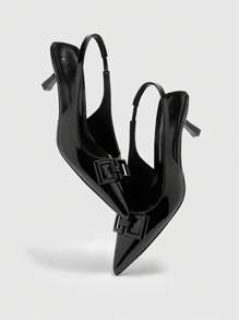 CUCCOO BIZCHIC Women's Pointed Toe Low Vamp Metal Multi-Strap Buckle Stiletto Heel Slingback Sandals, Elegant And Fashionable High Heels For Christmas - Black - View 6