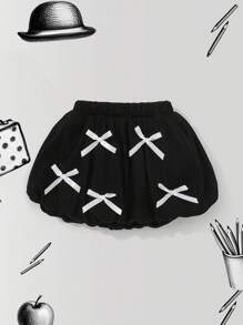 SHEIN 女婴优雅甜美街头时尚可爱3D蝴蝶结装饰泡泡裙，适合户外活动、度假、派对、日常穿着，春夏季款 - 黑色 - 查看 2