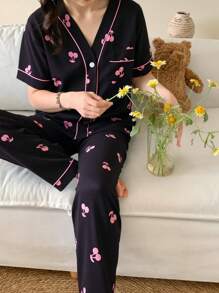 2 件套青少年女孩休闲樱桃印花短袖上衣和裤子睡衣套装，简约设计，宽松舒适家居服套装，返校时尚 - 黑色 - 查看 5