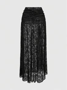 ROMWE Váy xẻ tà thiết kế xoắn ren Gothic cổ điển - màu đen - Xem 2