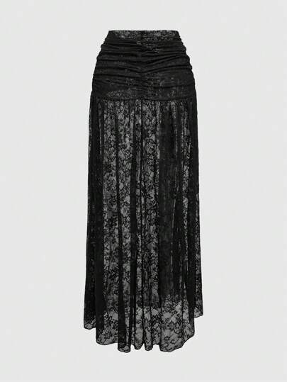 Goth Vintage Gothic Lace Twist Design Side Slit Skirt