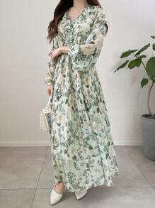 FRIFUL Vestido midi de línea A con cintura ceñida y cuello con volantes, con estampado floral, para usar en verano y de vacaciones en la playa - Verde - Ver 5