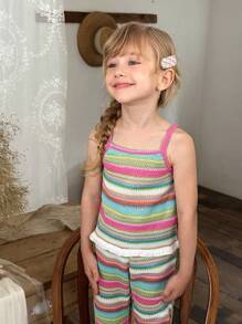 SHEIN Conjunto informal de top de tirantes de colores y pantalones largos a juego para niña, estilo animado y lindo, adecuado para juegos al aire libre, uso cómodo en casa, ejercicio relajado