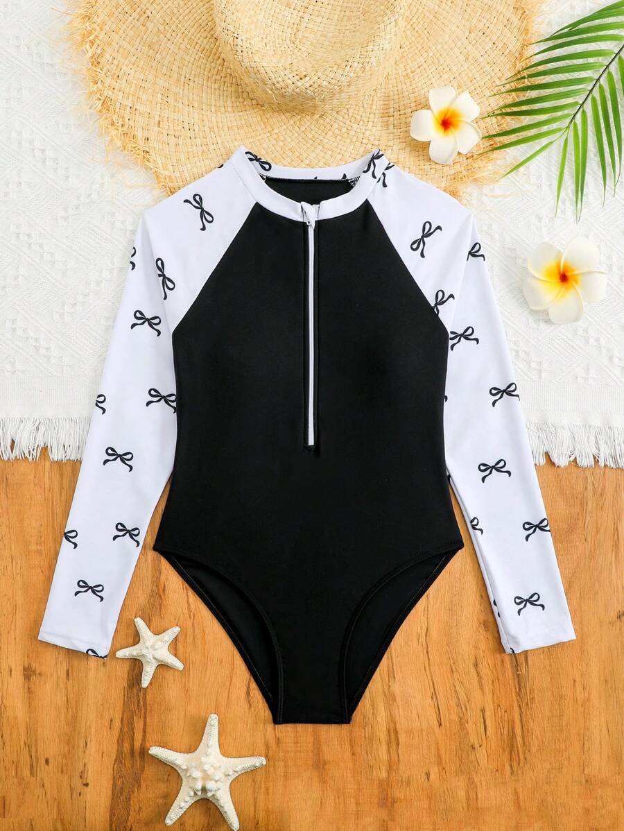 SHEIN 女童蝴蝶印花拼接半拉链连体泳衣 - 黑與白 - 查看 1