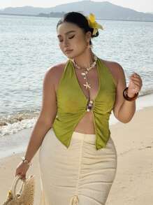 Flirla Parte superior tipo tirantes de verano para mujer talla grande, con escote profundo en V, hebilla de metal y espalda descubierta