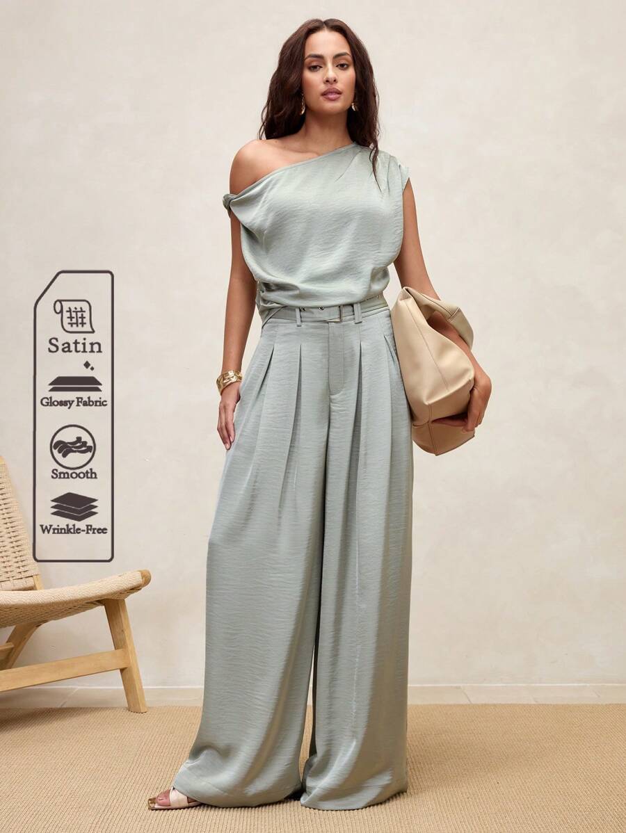 Arave Women Satin Texture Asymmetric Design Shoulder Top, Elegant Suitable For Commute And Vacation, Woven French Knot Elegant Modest, Old Money Fall Autumn Clothes - Green - View 1