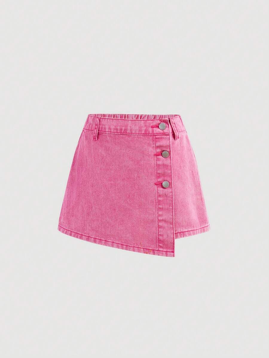 SHEIN Girlism Tween Girls Light Blue Washed Denim Asymmetrical Button Summer Vacation Y2K Style Skirt Shorts