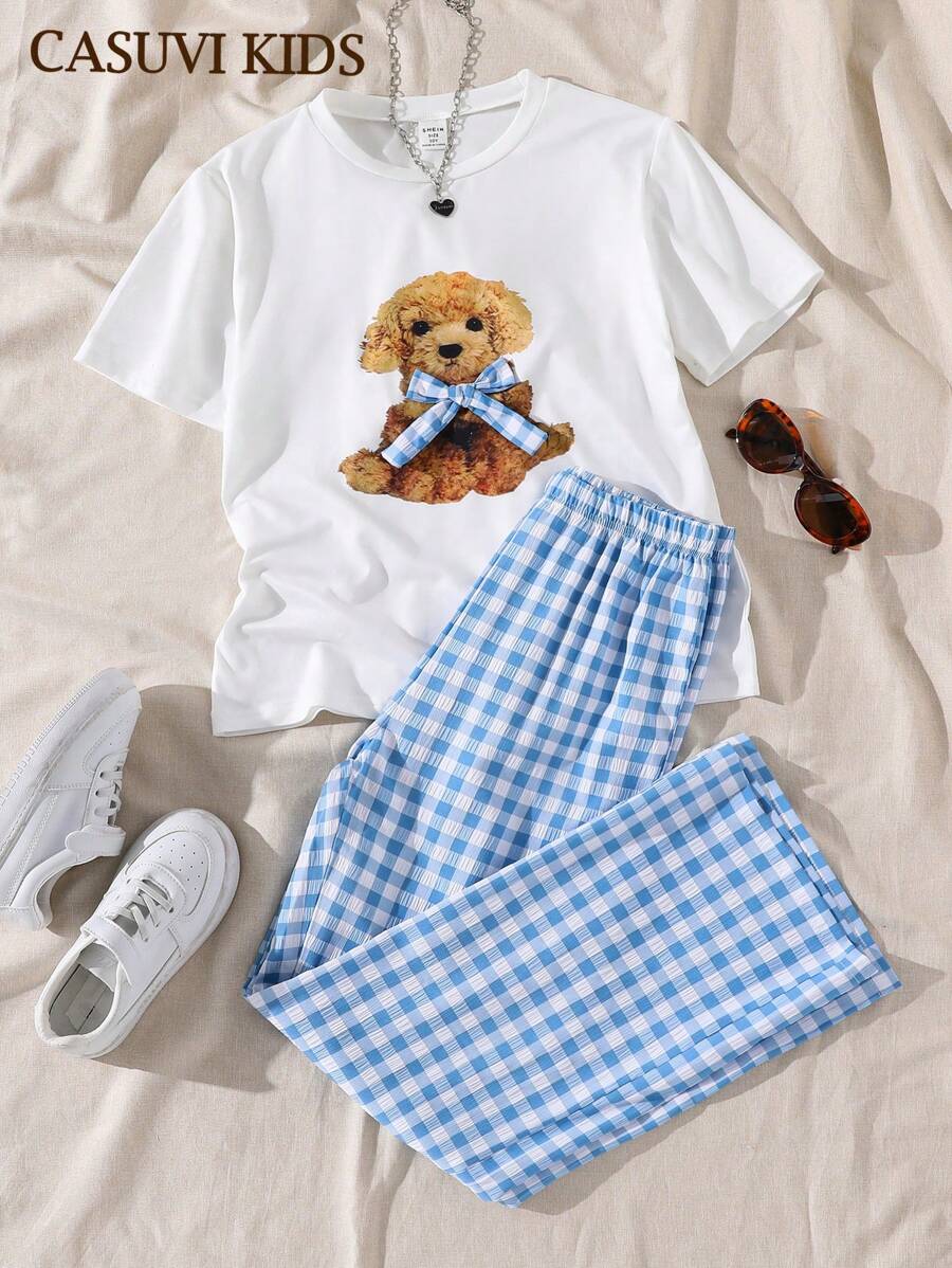 2 件套女孩可爱卡通熊印花 T 恤和格子裤套装，适合夏季