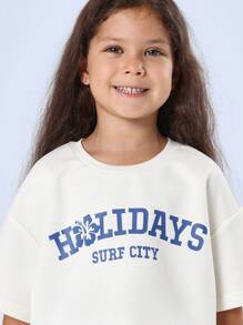 SUMWON 假日冲浪城夏季海滩条纹两件套宽松短款上衣短裤套装青少年时尚运动装假日沙滩装 - 寶藍色 - 查看 5