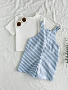Vintaside Kids Conjunto casual de niño bebé con camiseta de manga corta de cuello redondo y unicolor, y pantalón corto a rayas - Azul - Ver 2